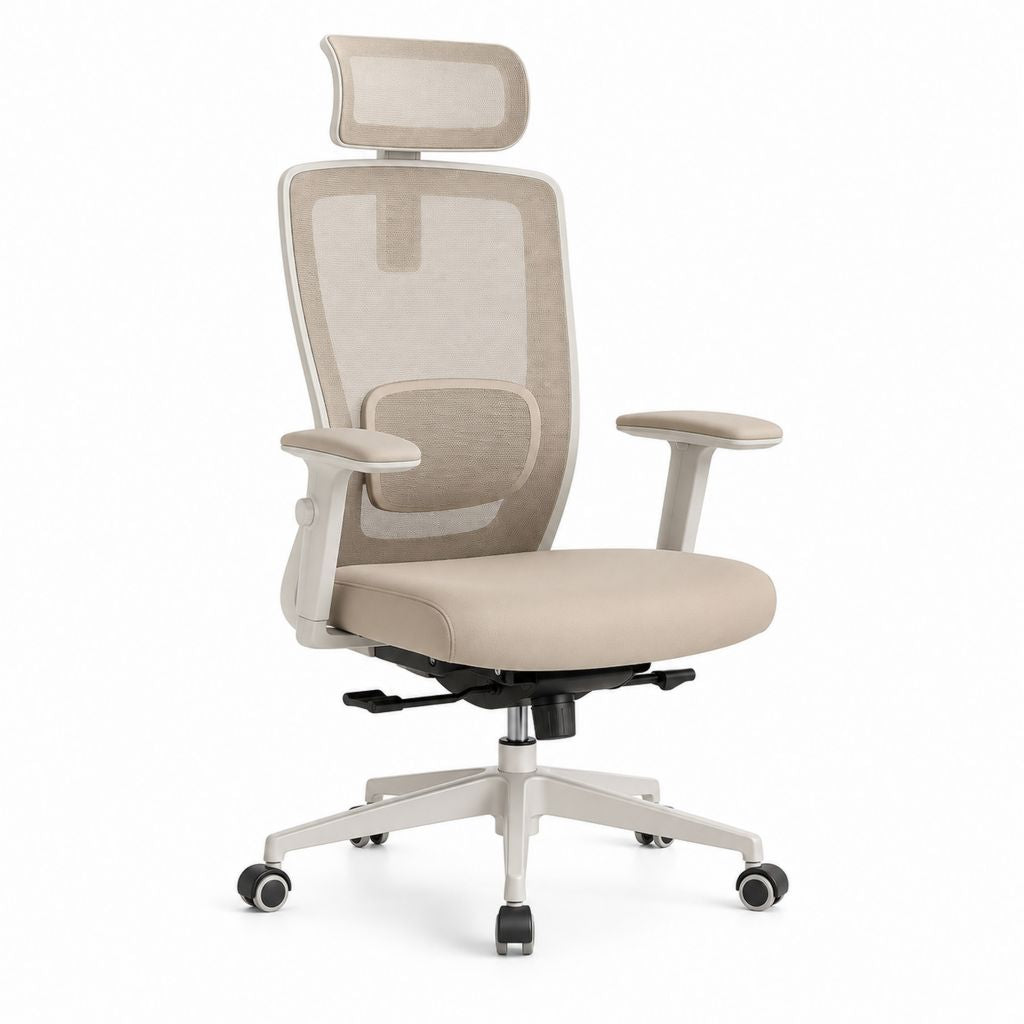 Chaise de bureau ergonomique beige en maille polyester avec appui-tête 65 x 65 x 118-128 cm