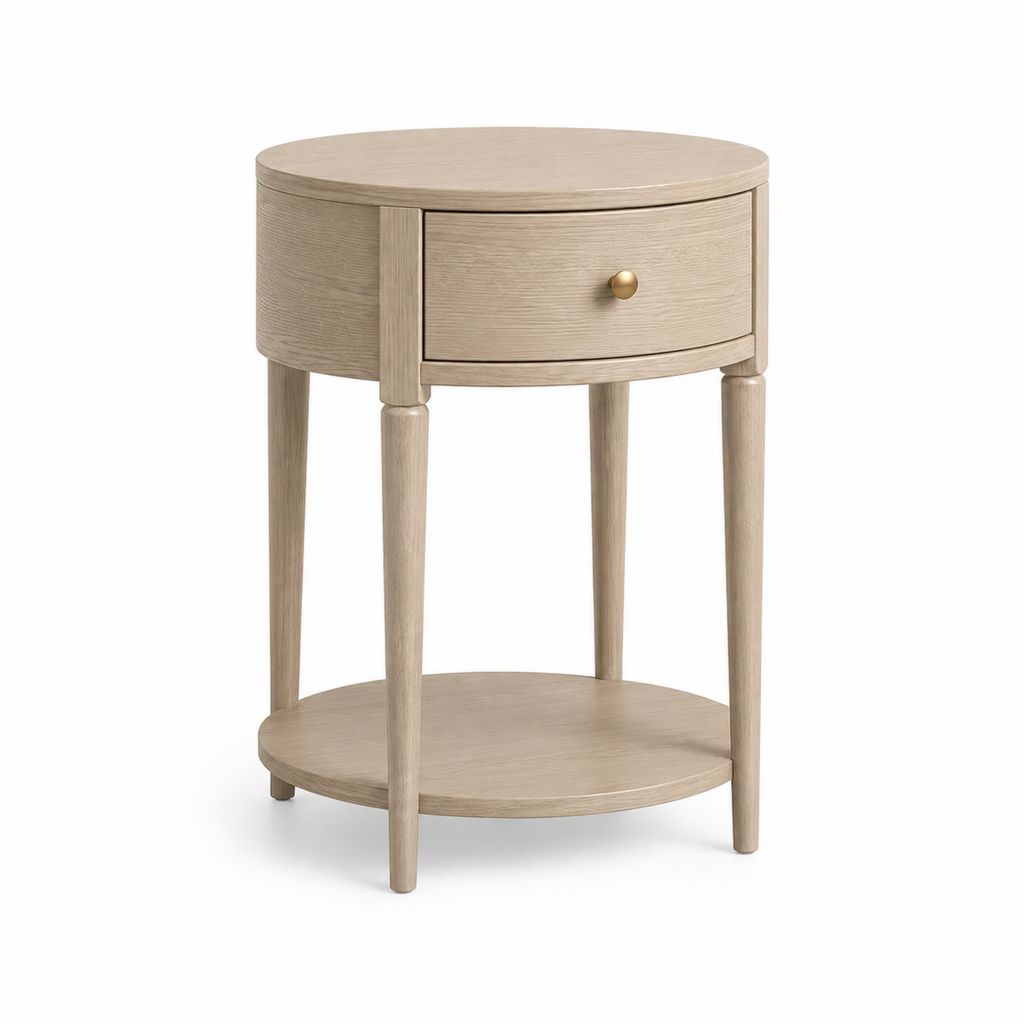 Table d'appoint ronde avec tiroir beige en MDF plaqué chêne Ø45 x H60 cm