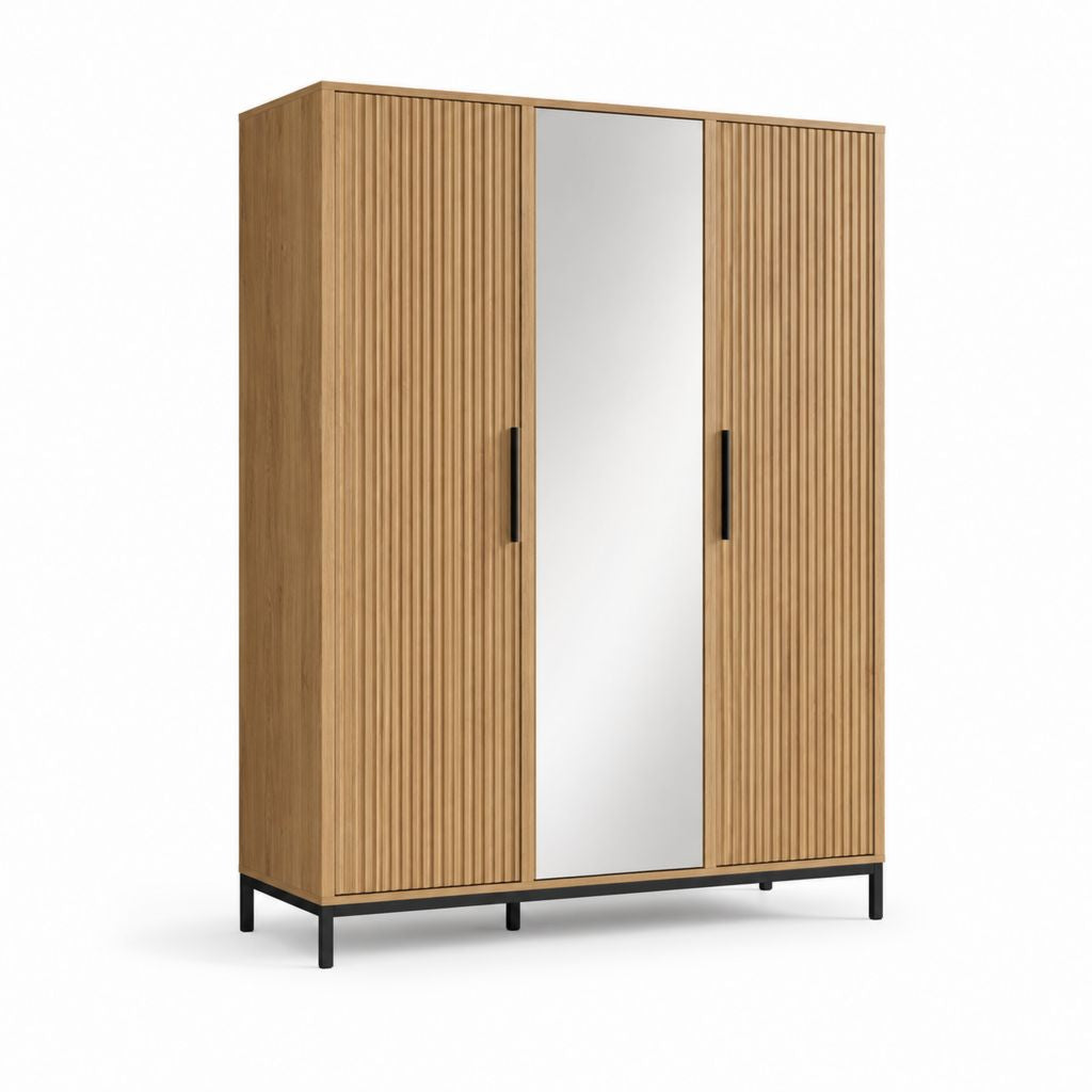 Armoire de chambre 3 portes avec miroir chêne clair en panneaux de particules 120 x 50 x 200 cm