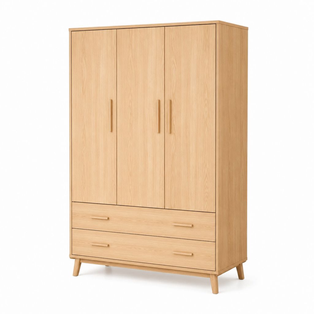 Armoire de chambre 3 portes 2 tiroirs chêne clair en panneaux de particules 120 x 55 x 200 cm