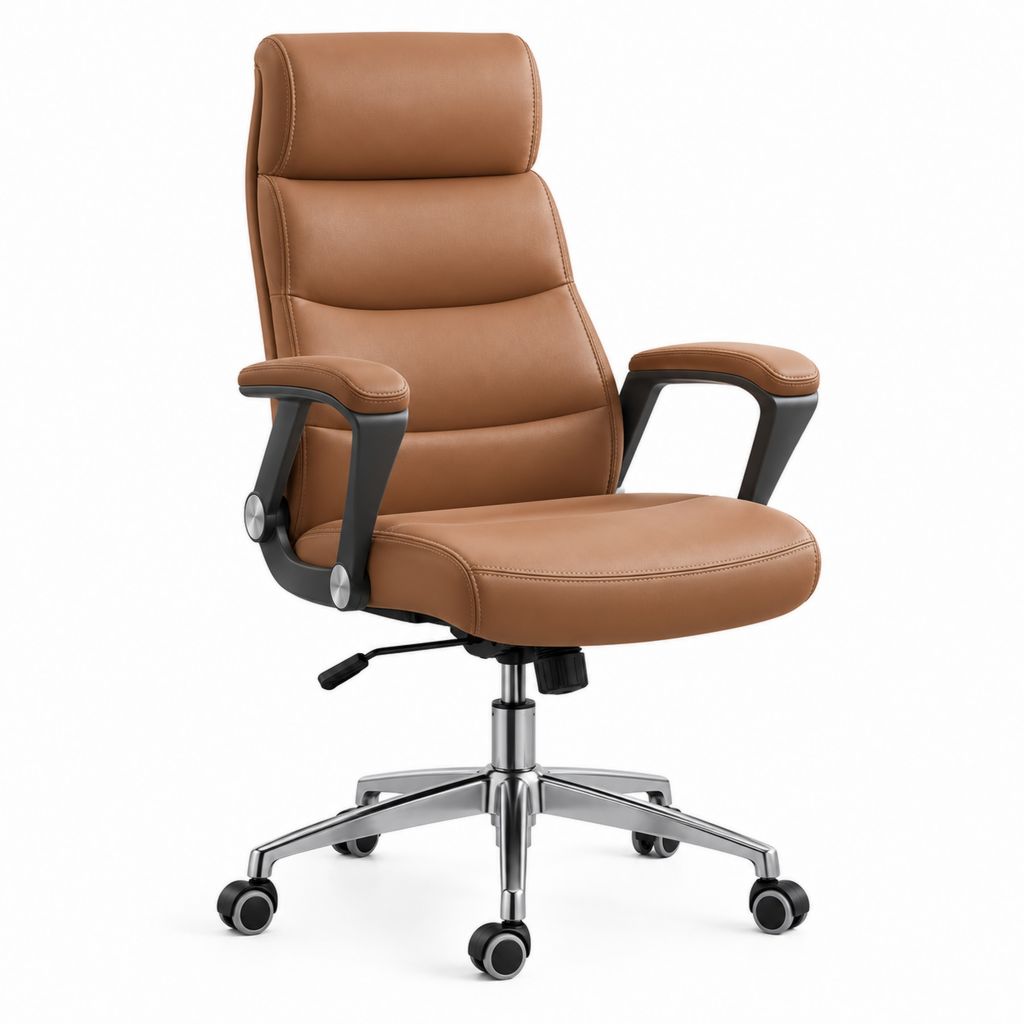 Chaise de bureau ergonomique marron en cuir synthétique PU avec accoudoirs et roulettes 64 x 64 x 112-122 cm