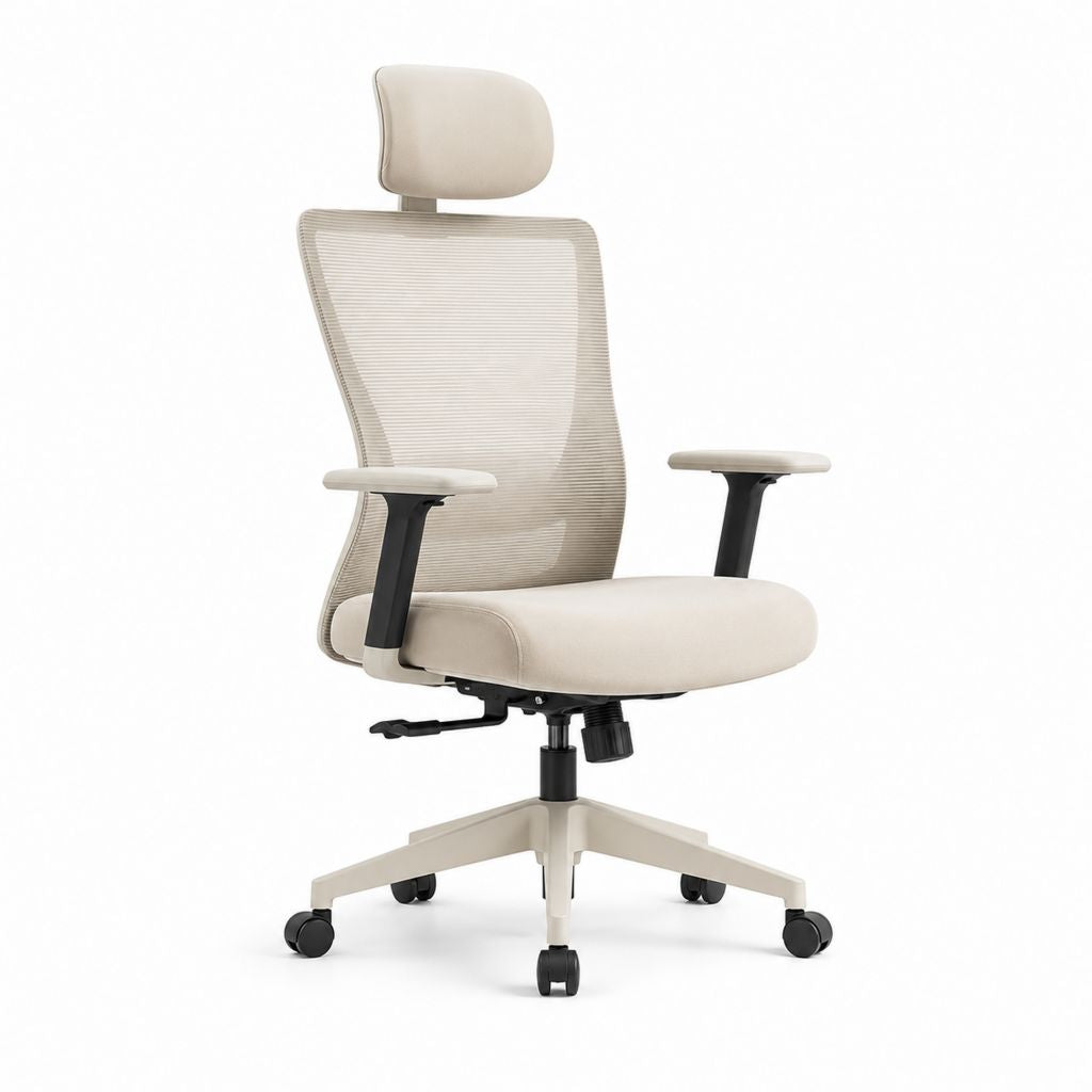 Chaise de bureau ergonomique beige en maille polyester à dossier incurvé avec appui-tête 65 x 65 x 118-128 cm