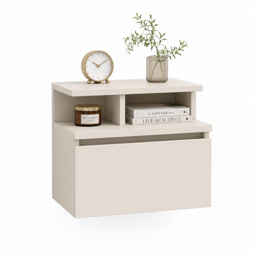 Table de chevet avec tiroir et niches ouverte beige en MDF 50 x 40 x 55 cm