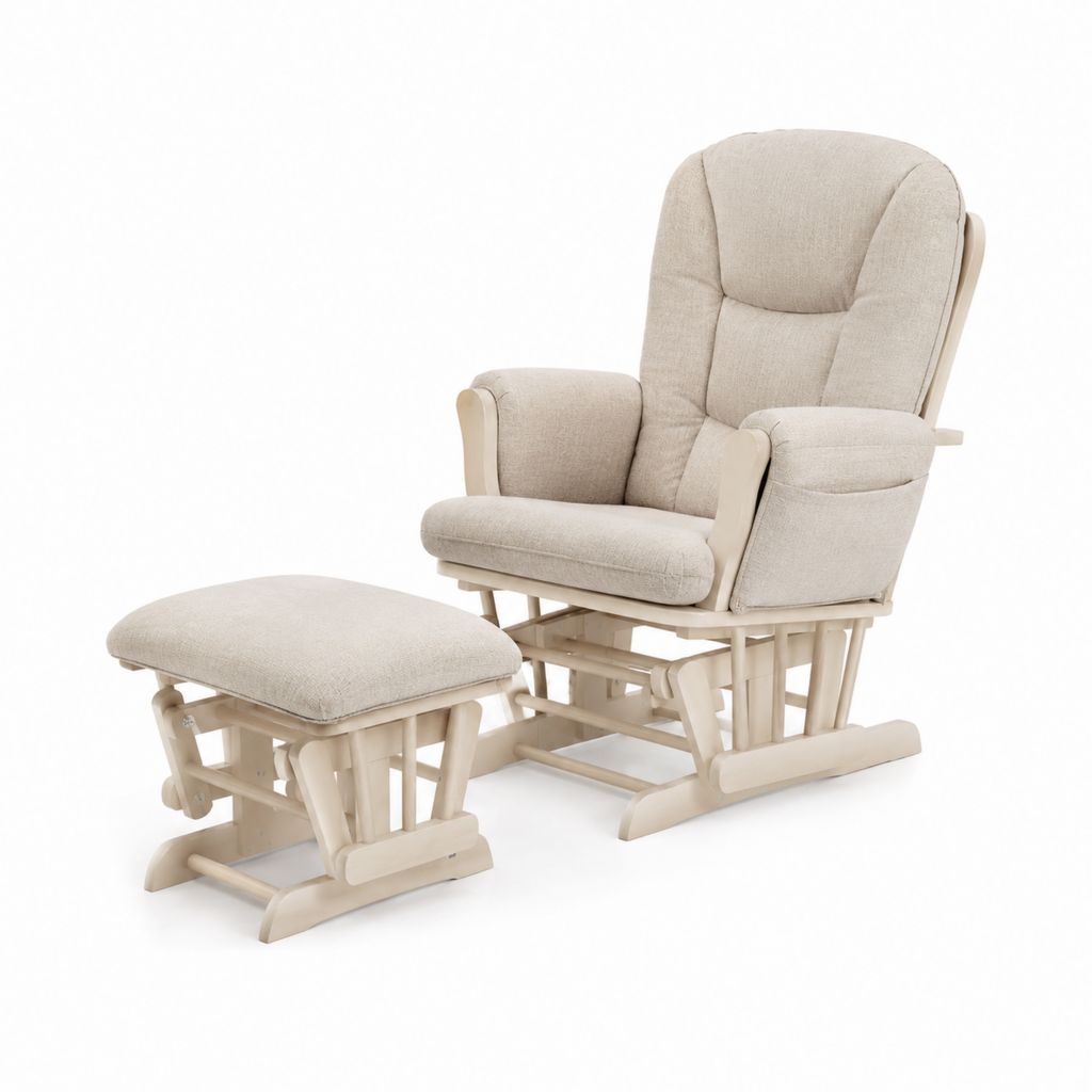 Fauteuil à bascule avec repose-pieds beige en polyester et bois massif 74 x 80 x 105 cm