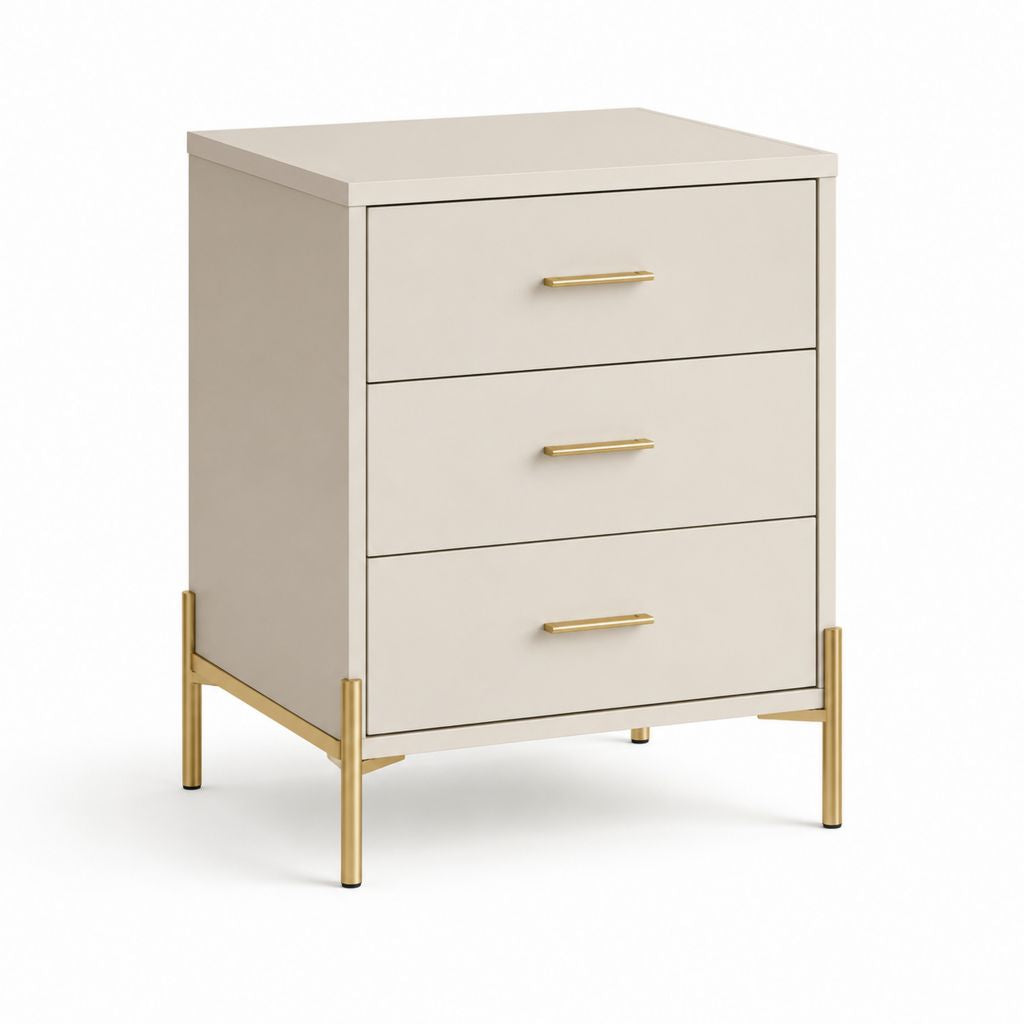 Table de chevet rectangulaire 3 tiroirs beige en panneaux MDF et acier 50 x 40 x 65 cm