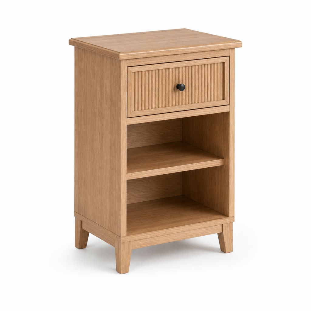 Table de chevet rectangulaire chêne clair en panneaux MDF 40 x 35 x 65 cm avec tiroir et 2 niches