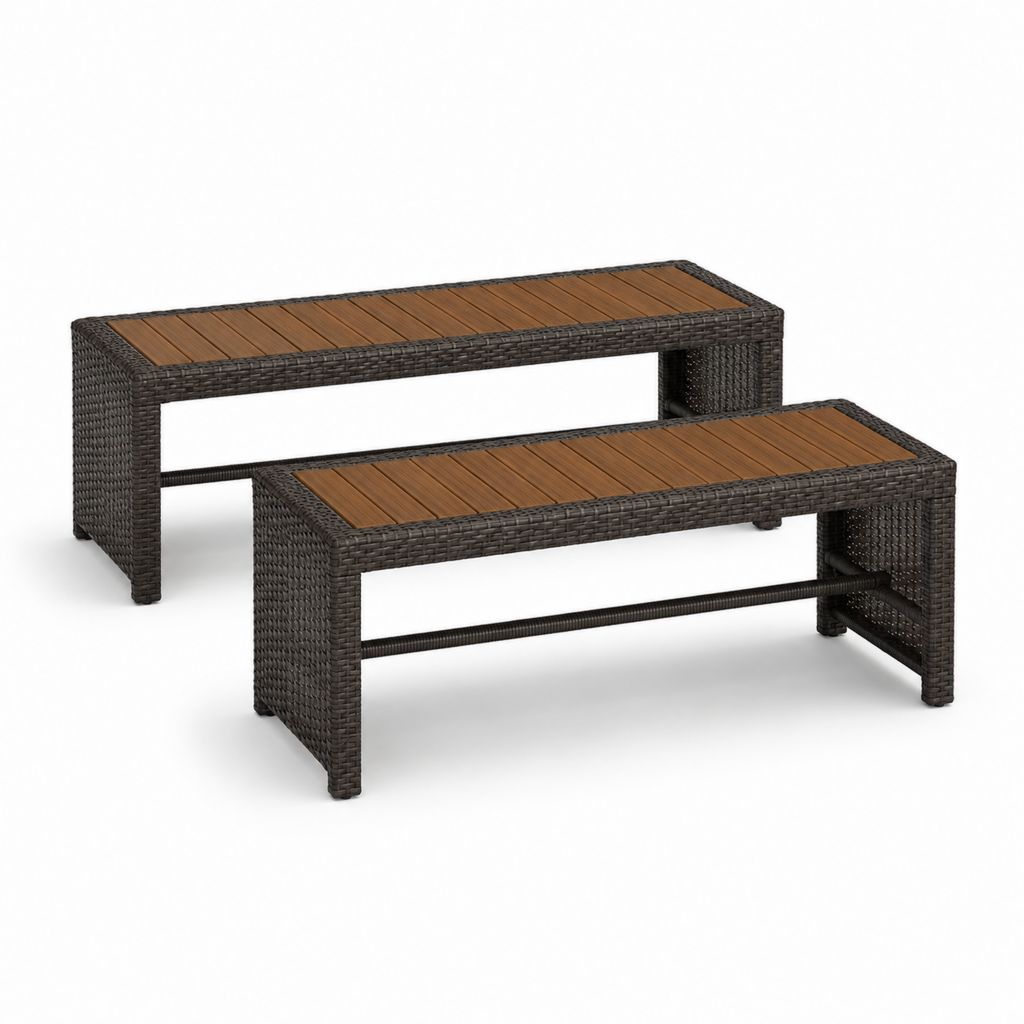 Lot de 2 bancs de jardin en résine tressée marron et acacia massif 120 x 40 x 44 cm