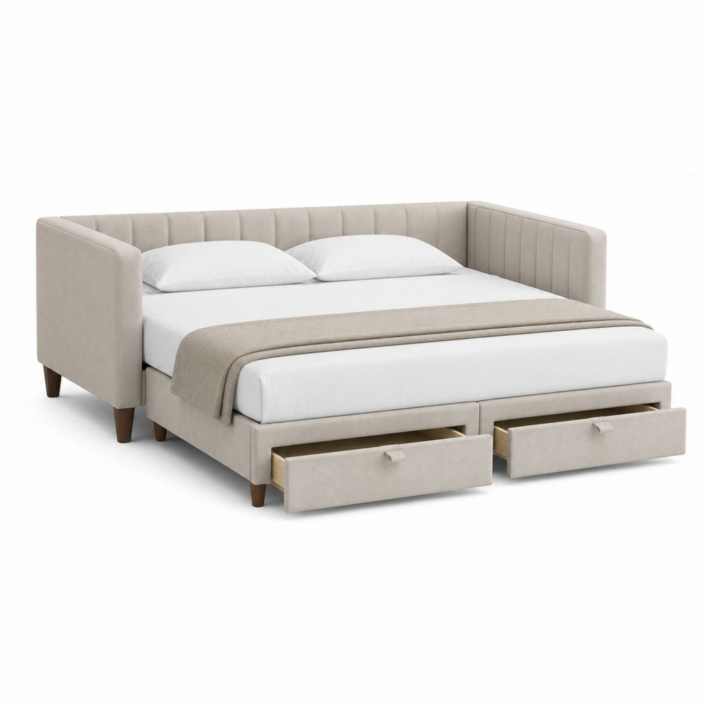 Lit banquette avec 2 tiroirs beige en polyester rectangulaire 160 x 200 cm