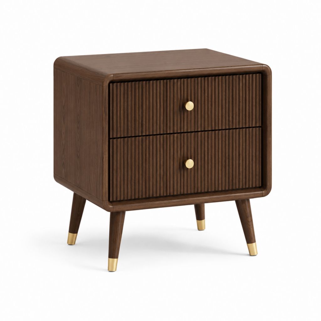 Table de chevet 2 tiroirs marron foncé en MDF plaqué noyer 55 x 65 x 40 cm