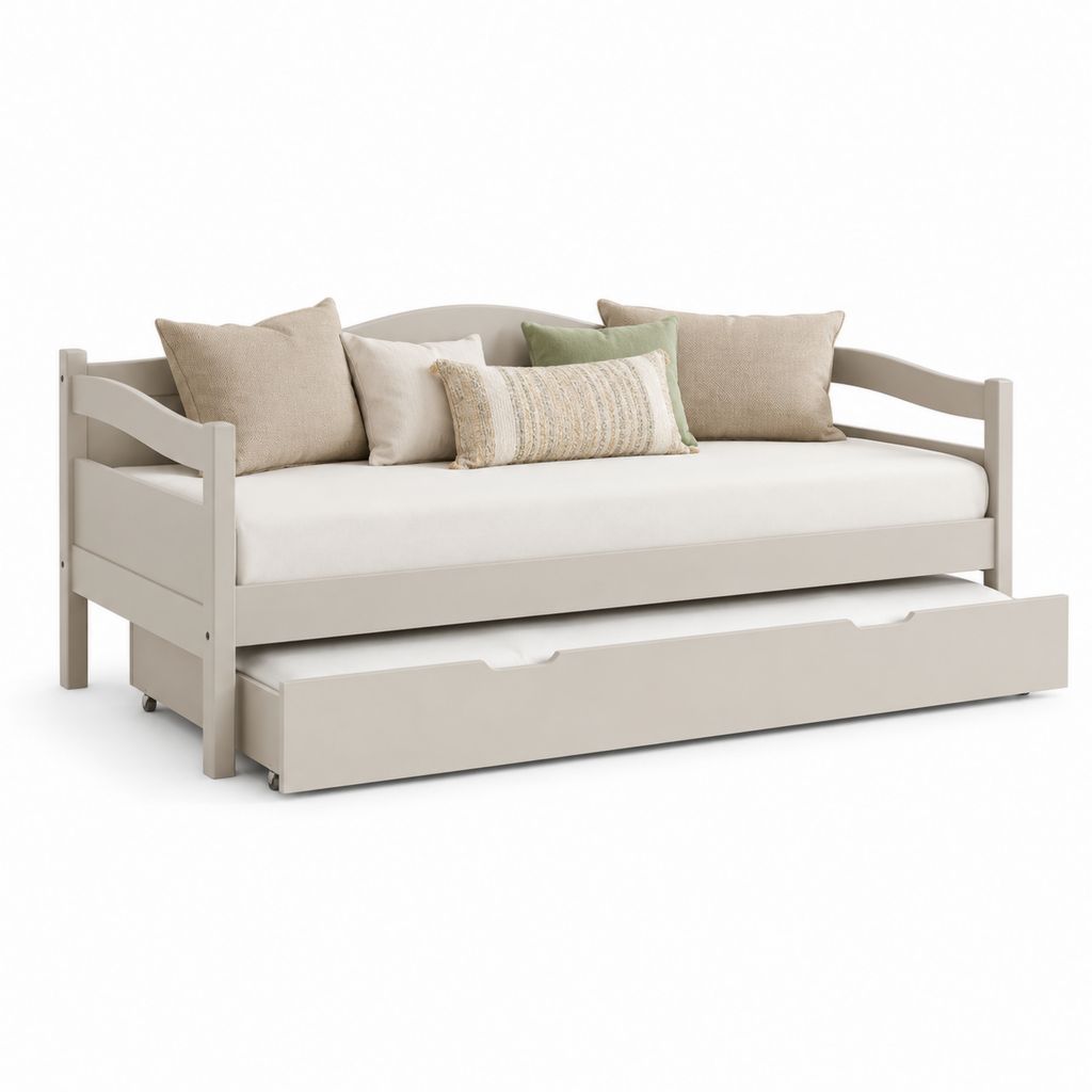 Lit gigogne canapé-lit rectangulaire beige en pin massif 90 x 190 cm avec second couchage